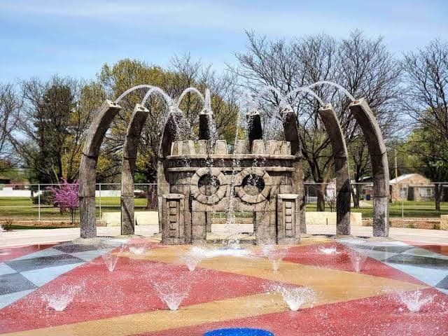 A splash pad in Wichita, Kansas on a summer day