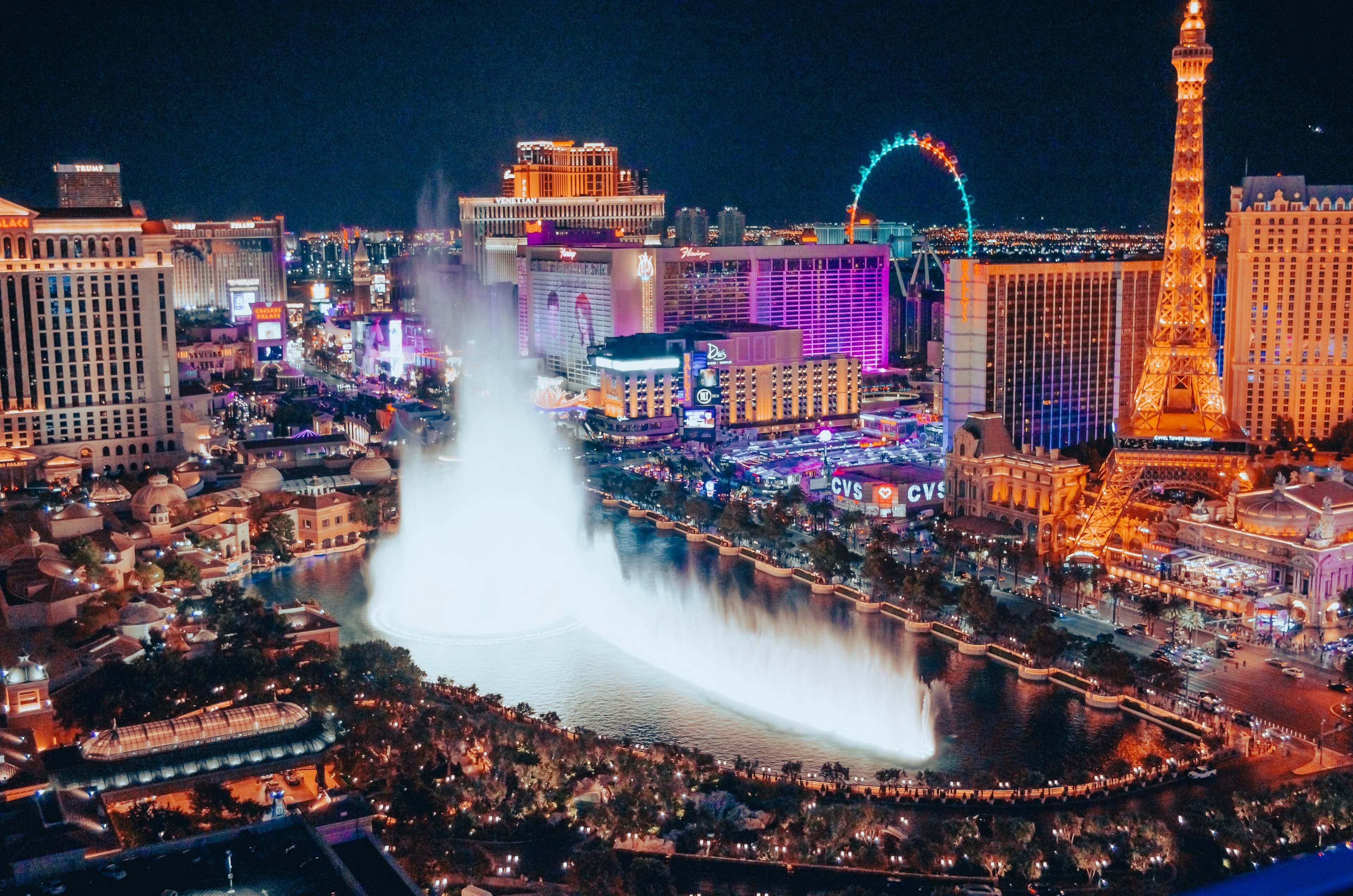 The famous Las Vegas Strip fountains illuminated at night